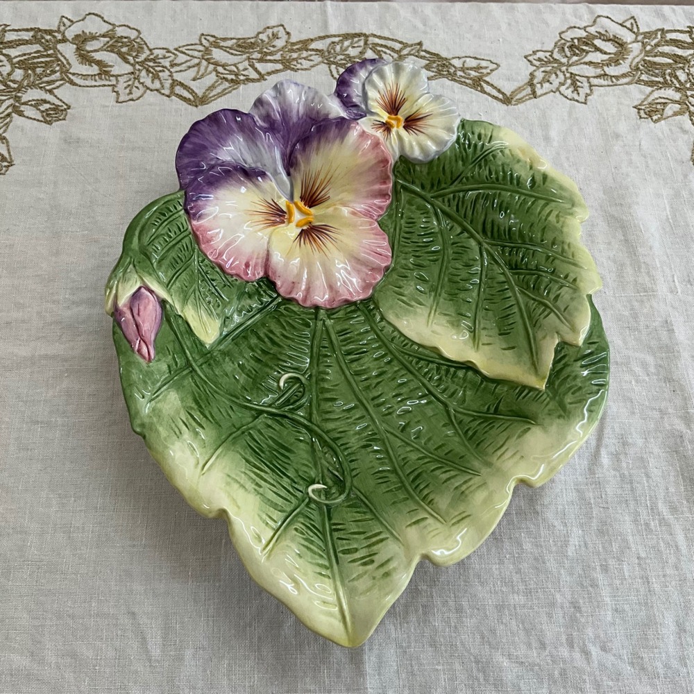 Fitz and Floyd Halcyon Classics Pansy Leaf Serving Bowl Floral Ceramic 12 Inch